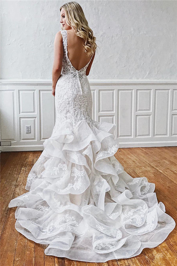 Glamouröses langes Meerjungfrau-Trägerkleid mit Rüschenspitze für Hochzeitskleider