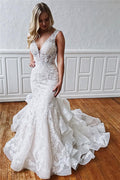 Glamouröses langes Meerjungfrau-Trägerkleid mit Rüschenspitze für Hochzeitskleider