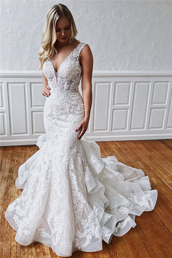 Glamouröses langes Meerjungfrau-Trägerkleid mit Rüschenspitze für Hochzeitskleider