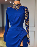 Glamorous Long Royal Blue High Neck Long Sleeves Lace Prom Dress With Slit