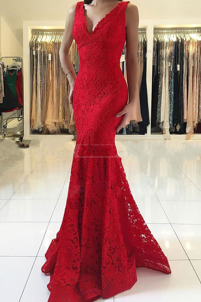 Glamorous Long V-neck Lace Mermaid Red Prom Dress
