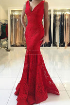 Glamorous Long V-neck Lace Mermaid Red Prom Dress