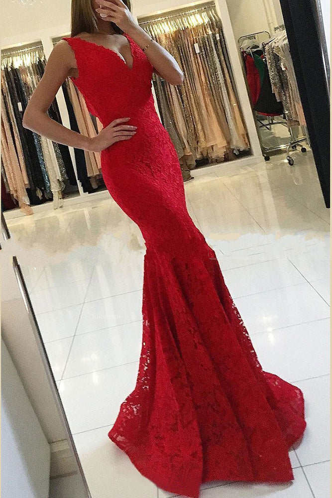 Glamorous Long V-neck Lace Mermaid Red Prom Dress