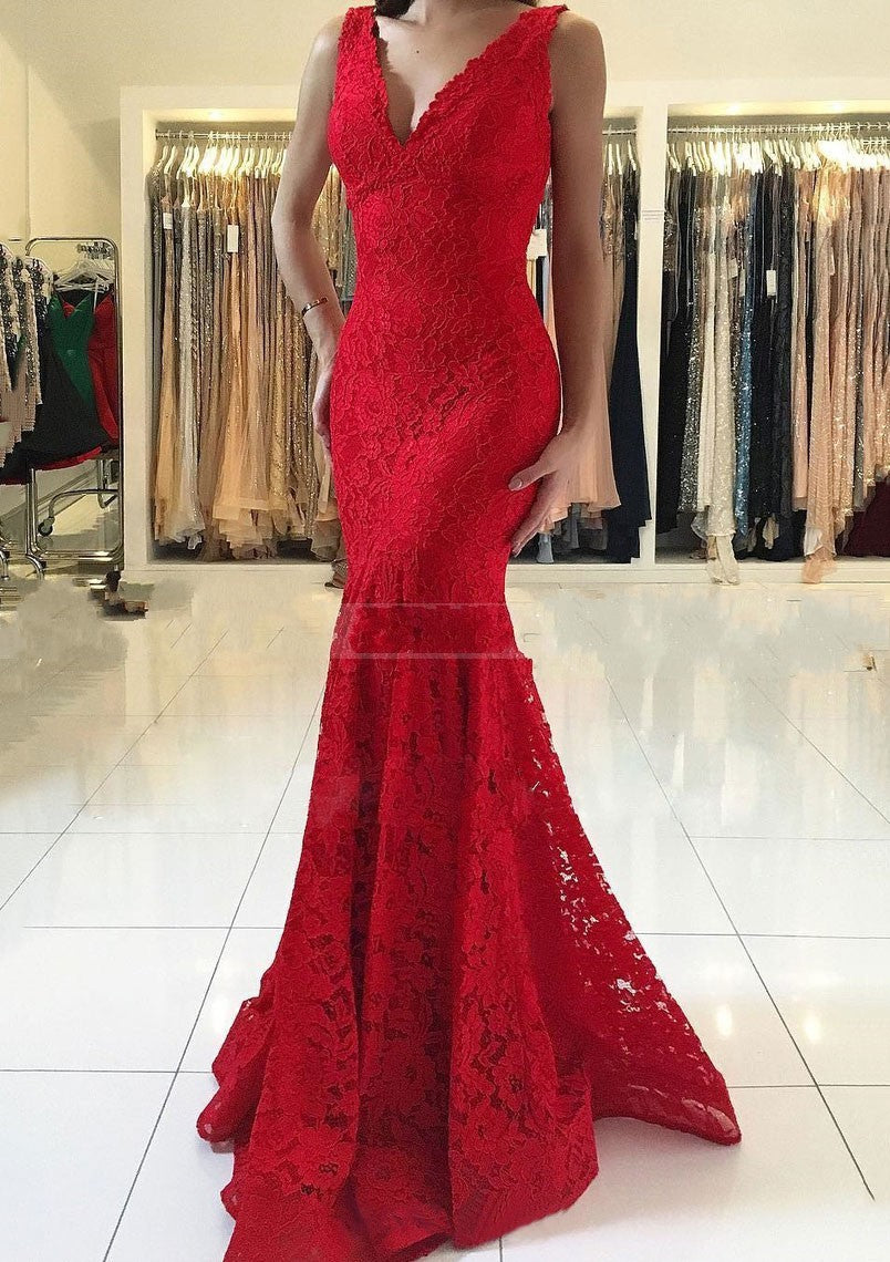 Glamouröses langes rotes Ballkleid im Meerjungfrauenstil mit V-Ausschnitt und Spitze