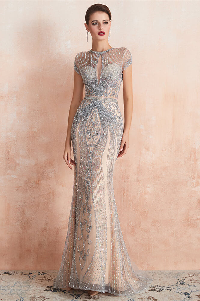 Glamorous Mermaid Beadings Long Prom Dress With Short Sleeves