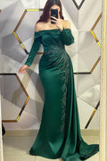 Vestido de noche sirena plisado verde oscuro glamuroso de tirantes caídos