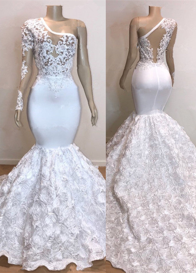 Glamorous One Shoulder Long Sleeve White Prom Dress