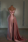 Vestido de Noche Largo Glamoroso de Sirena con Tirantes Spaghetti, Escote Corazón y Abertura Alta