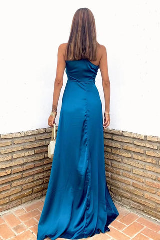 Dark Green Long Mermaid One Shoulder Sleeveless Satin Prom Dress with Slit
