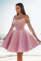 Verführerische kurze rosa Cocktailkleider schulterfreies Glitzer-Abschlussballkleid mit Spitze
