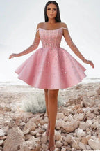 Verführerische kurze rosa Cocktailkleider schulterfreies Glitzer-Abschlussballkleid mit Spitze