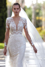 Glamouröses Meerjungfrauen-Brautkleid mit V-Ausschnitt, Applikationen, langen Ärmeln und Spitze