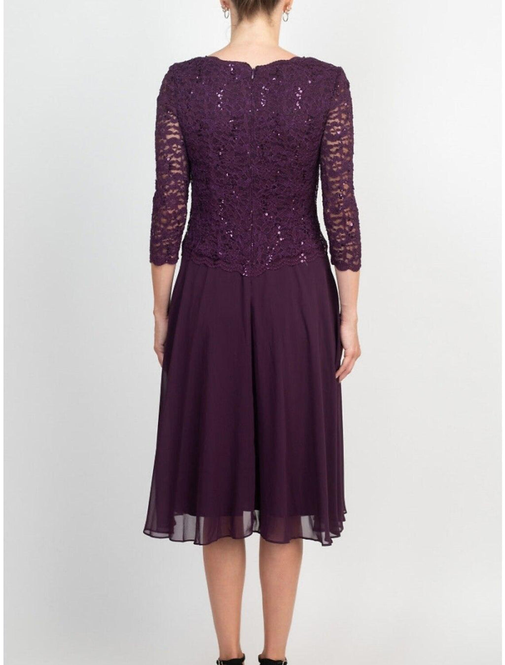 Vestido de mãe da noiva em linha A da Numbersea, elegante, pequeno, com decote em joia, comprimento até ao joelho, chiffon, renda, manga 3/4 com pregas e lantejoulas