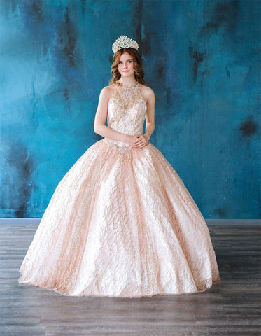 Glitzerndes, hochgeschlossenes Quinceanera-Kleid mit Illusions-Print von Calla KY71209