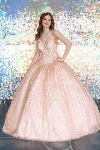 Glitzerndes, hochgeschlossenes Quinceanera-Kleid mit Illusions-Print von Calla KY71209