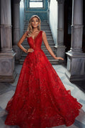 Abito da Sera Rosso Lungo a Linea A con Scollo a V in Tulle Pizzo e Riflessi