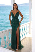 Vestido de Fiesta Largo de Sirena con Escote en V, Sin Mangas, Lentejuelas y Abertura Lateral Brillante