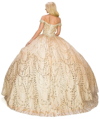 Glitzerndes schulterfreies Ballkleid von Cinderella Couture 8033J