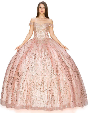 Glitzerndes schulterfreies Ballkleid von Cinderella Couture 8033J
