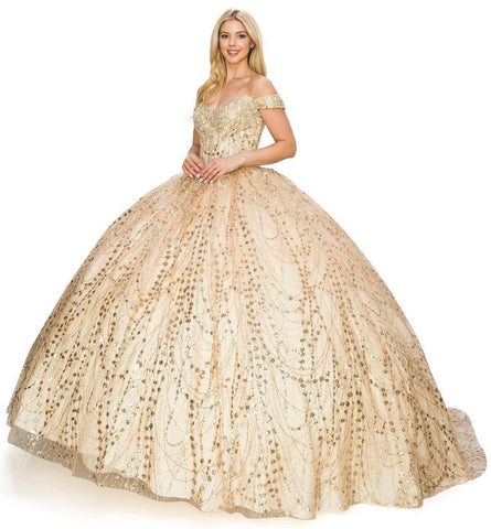 Glitzerndes schulterfreies Ballkleid von Cinderella Couture 8033J