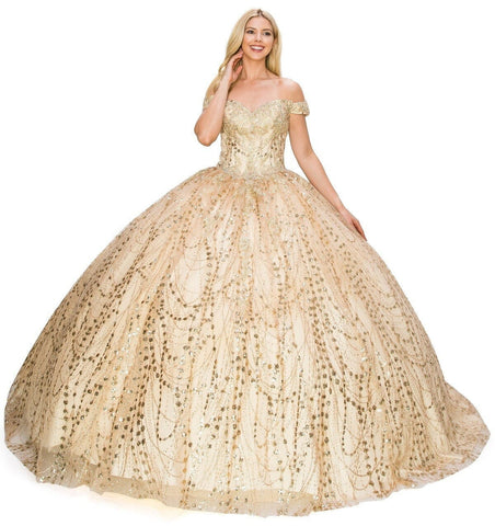 Glitzerndes schulterfreies Ballkleid von Cinderella Couture 8033J