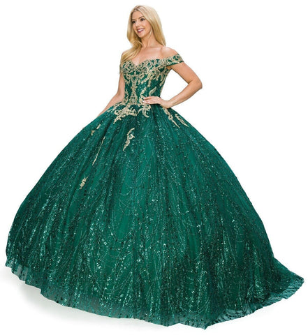 Glitzerndes schulterfreies Ballkleid von Cinderella Couture 8033J