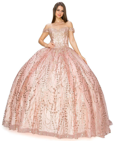 Glitzerndes schulterfreies Ballkleid von Cinderella Couture 8033J