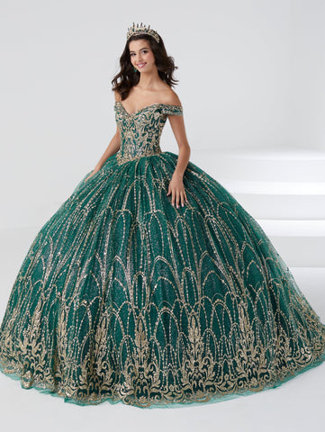 Vestido de quinceanera com glitter e ombros à mostra da Fiesta Gowns 56463