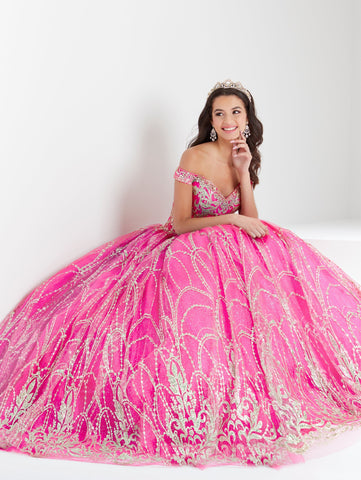 Vestido de quinceanera com glitter e ombros à mostra da Fiesta Gowns 56463