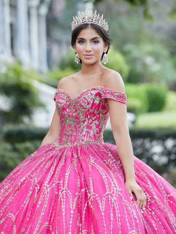 Vestido de quinceanera com glitter e ombros à mostra da Fiesta Gowns 56463