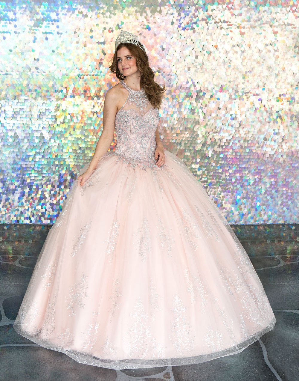 Glitter Print High Neck Quinceanera Dress by Calla SYL19002