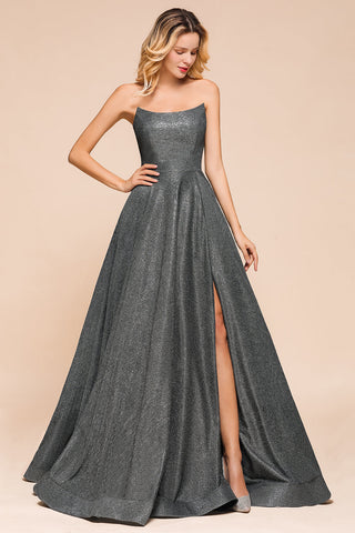 Glitter Strapless Backless Split Long Prom Dress