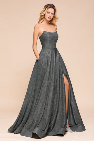 Glitter Strapless Backless Split Long Prom Dress