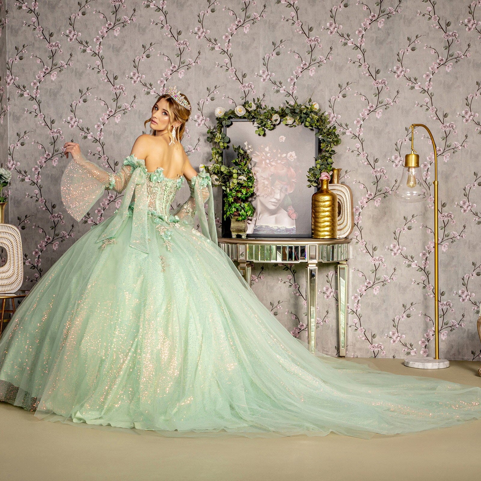 Glitter Strapless Bell Sleeve Ball Gown by GLS Gloria GL3486