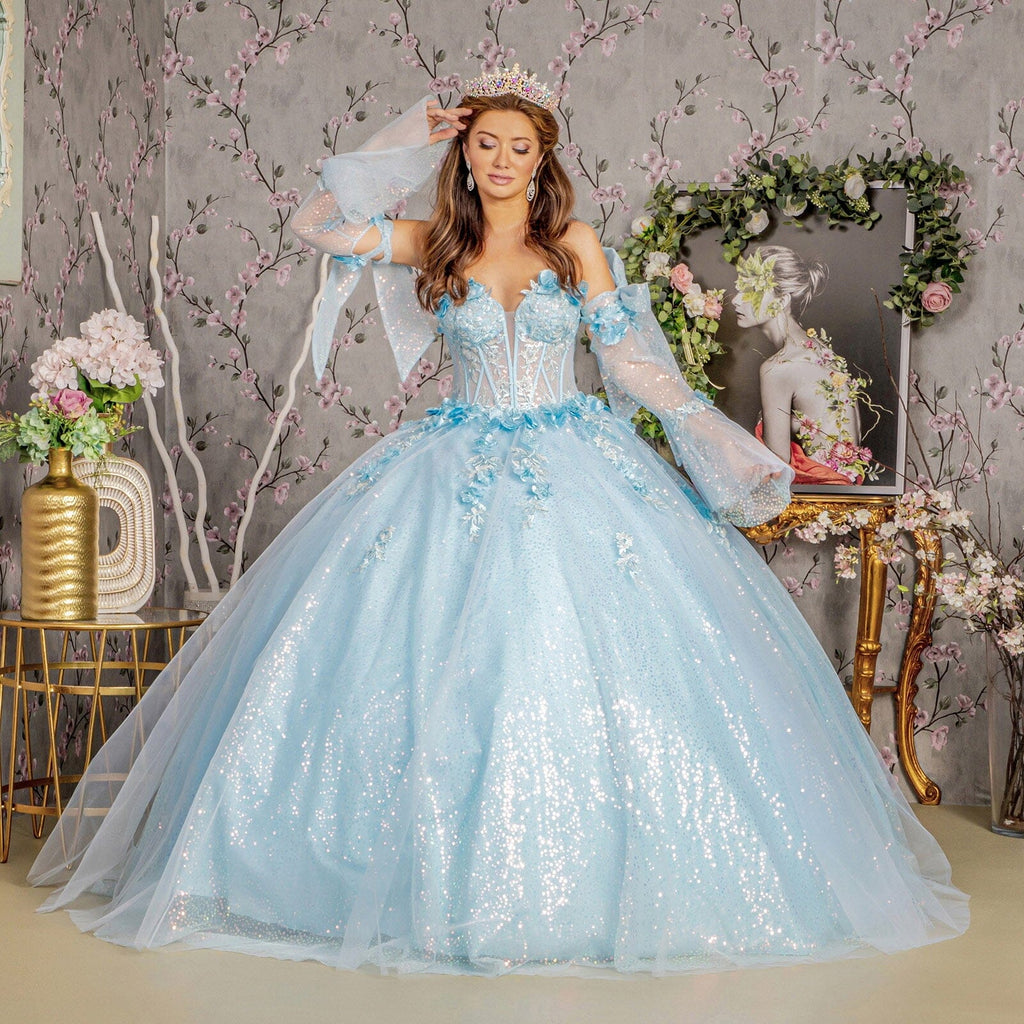 Glitter Strapless Bell Sleeve Ball Gown by GLS Gloria GL3486