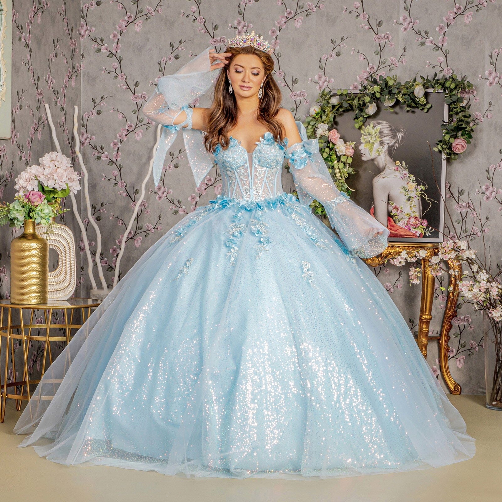 Glitter Strapless Bell Sleeve Ball Gown by GLS Gloria GL3486