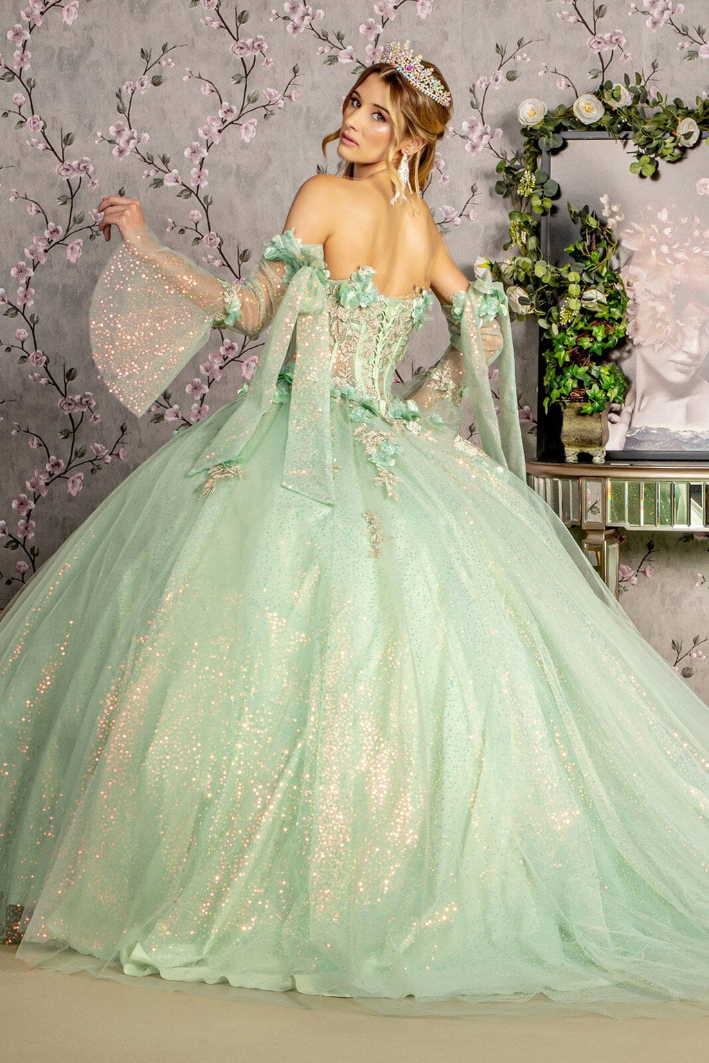 Glitter Strapless Bell Sleeve Ball Gown by GLS Gloria GL3486
