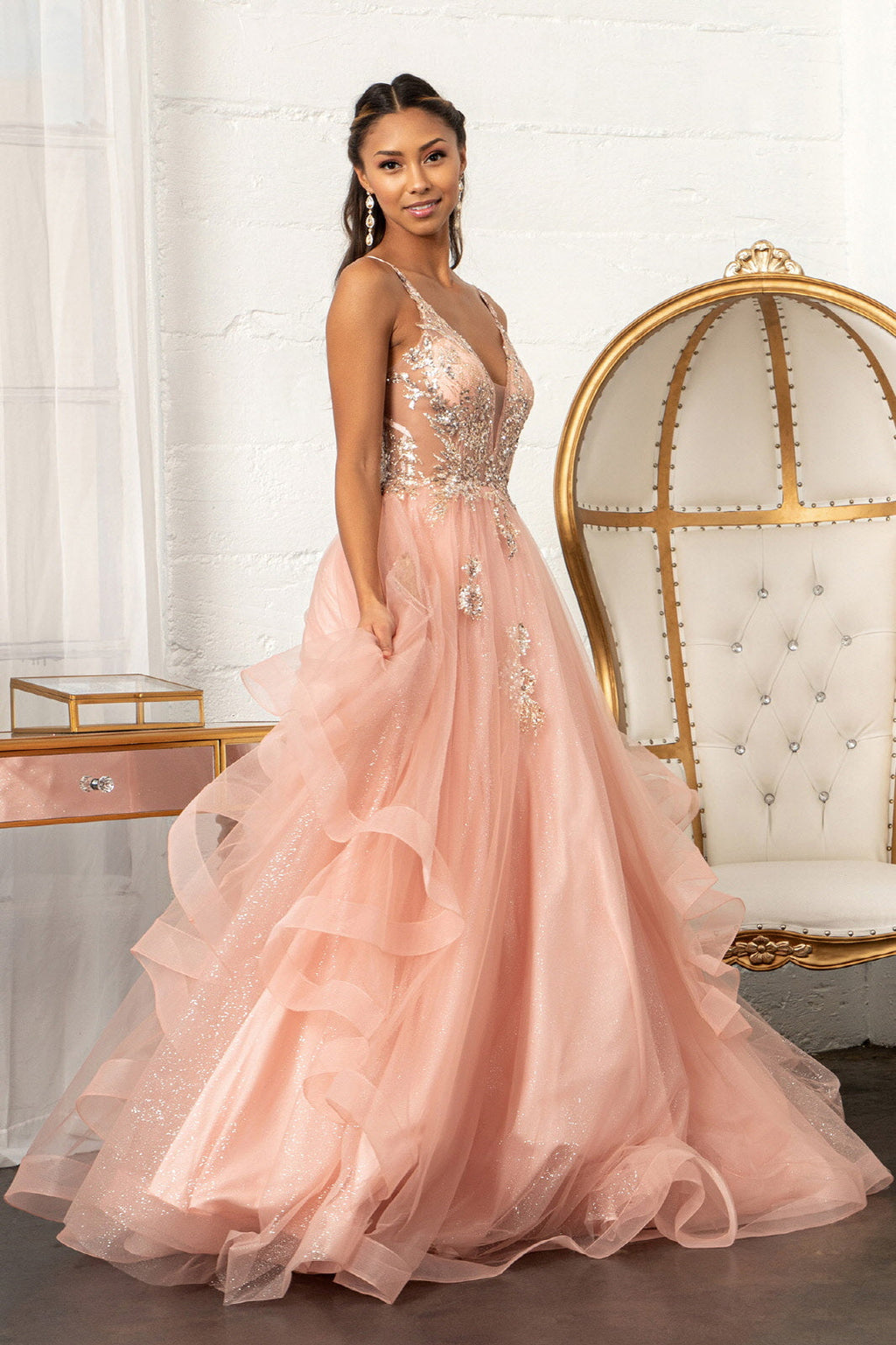 Glitter V-Neck Ball Gown by Elizabeth K GL3021