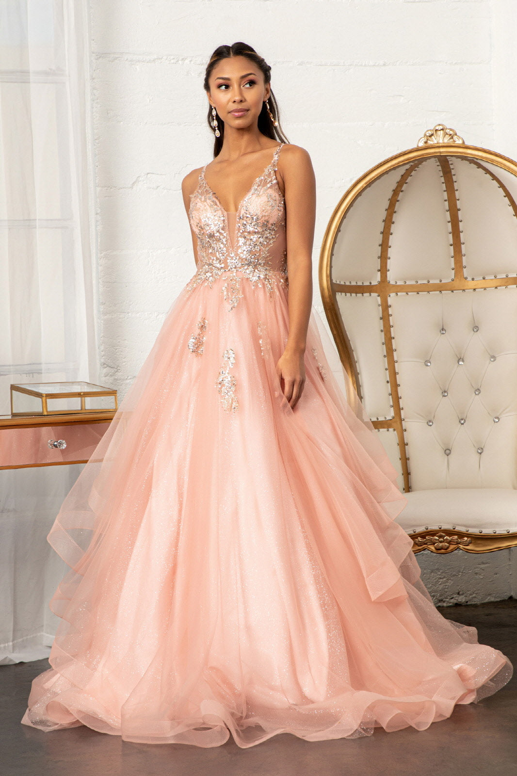 Glitter V-Neck Ball Gown by Elizabeth K GL3021
