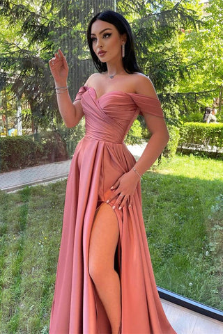 Burgundy Long A-line Off-The-Shoulder Evening Dresses with Front Split