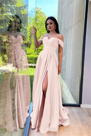 Burgundy Long A-line Off-The-Shoulder Evening Dresses with Front Split