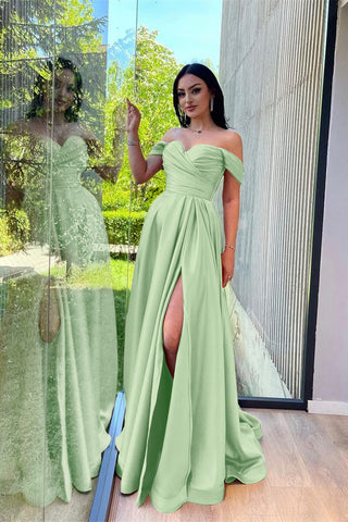 Burgundy Long A-line Off-The-Shoulder Evening Dresses with Front Split