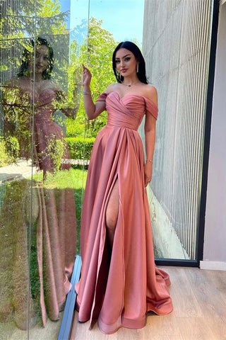 Burgundy Long A-line Off-The-Shoulder Evening Dresses with Front Split