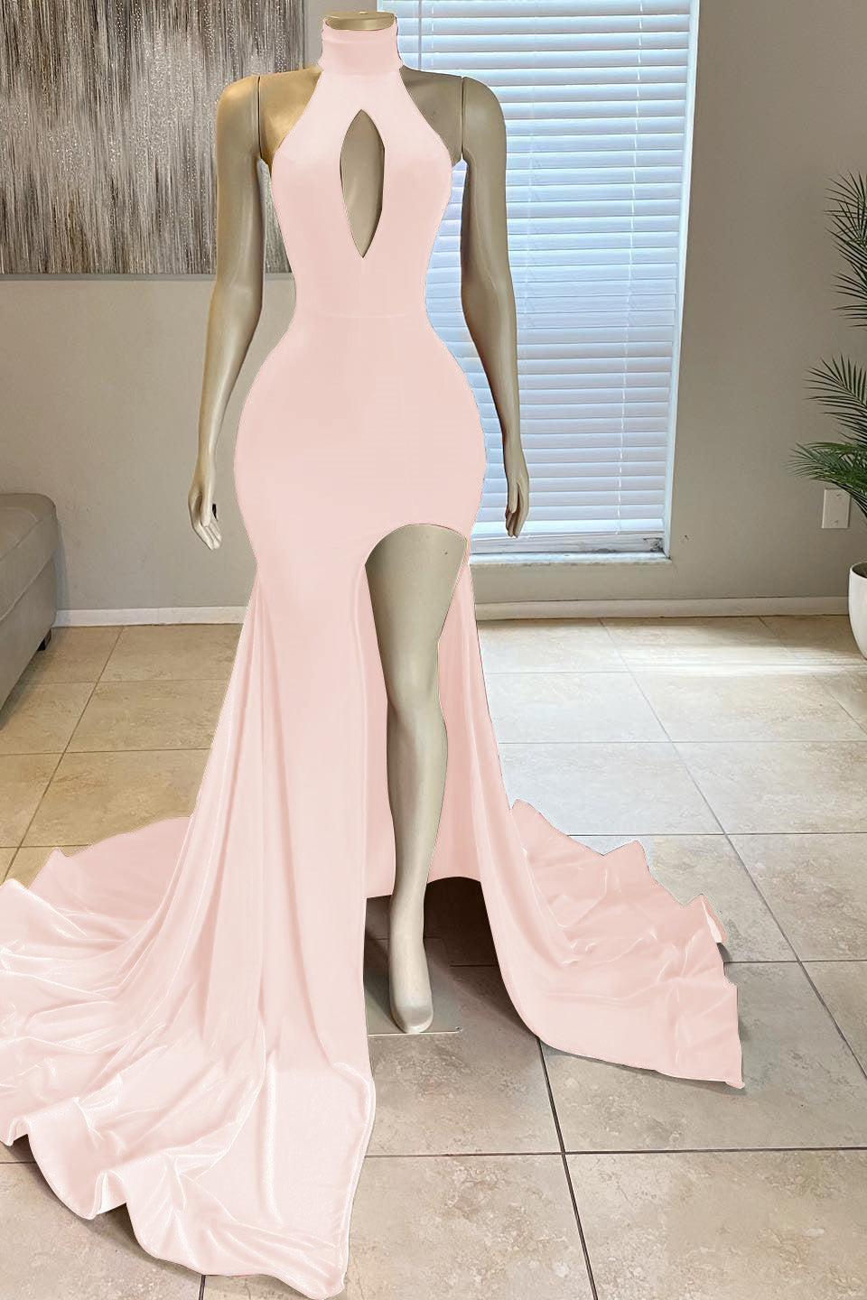 Dark Green High Neck Front Split Mermaid Long Evening Dresses with Slit