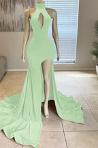 Dark Green High Neck Front Split Mermaid Long Evening Dresses with Slit