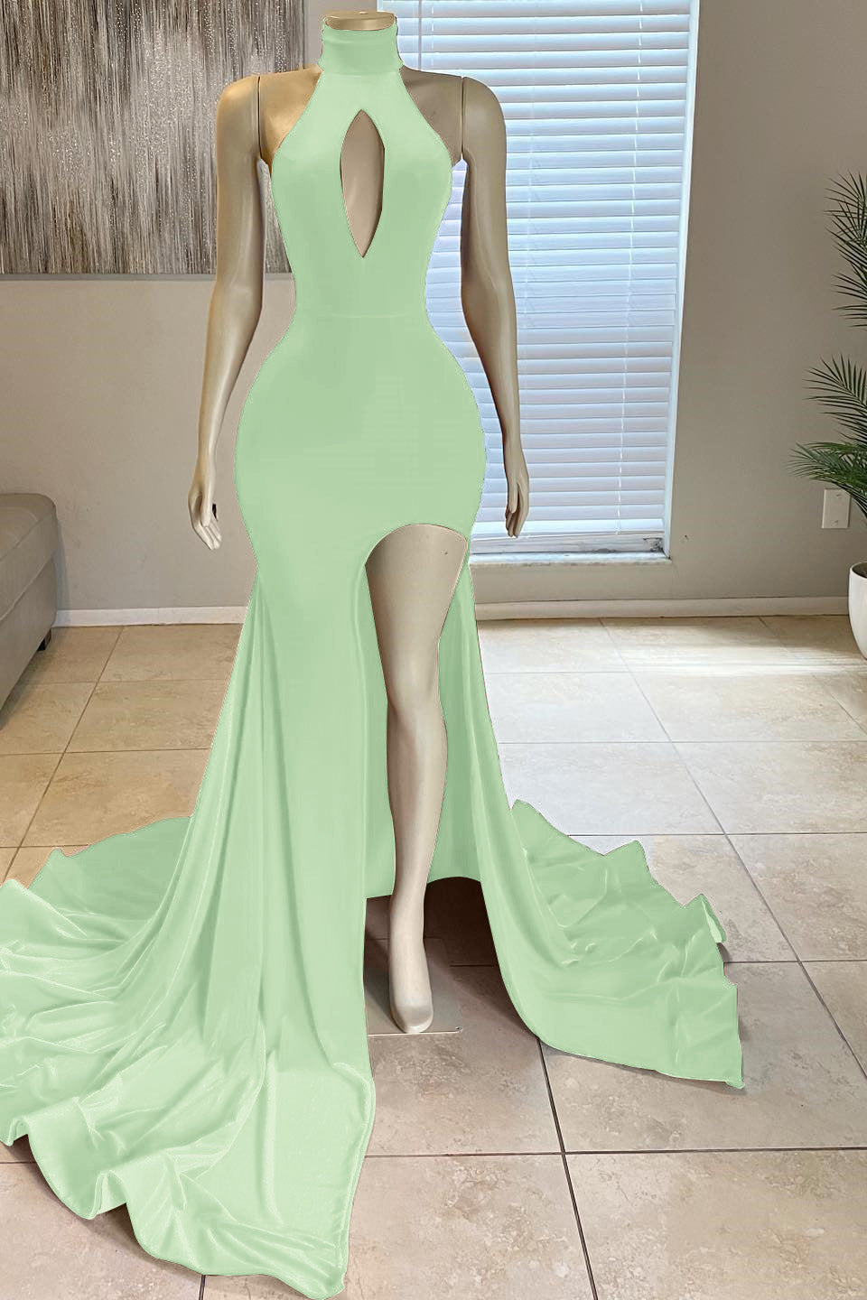 Dark Green High Neck Front Split Mermaid Long Evening Dresses with Slit