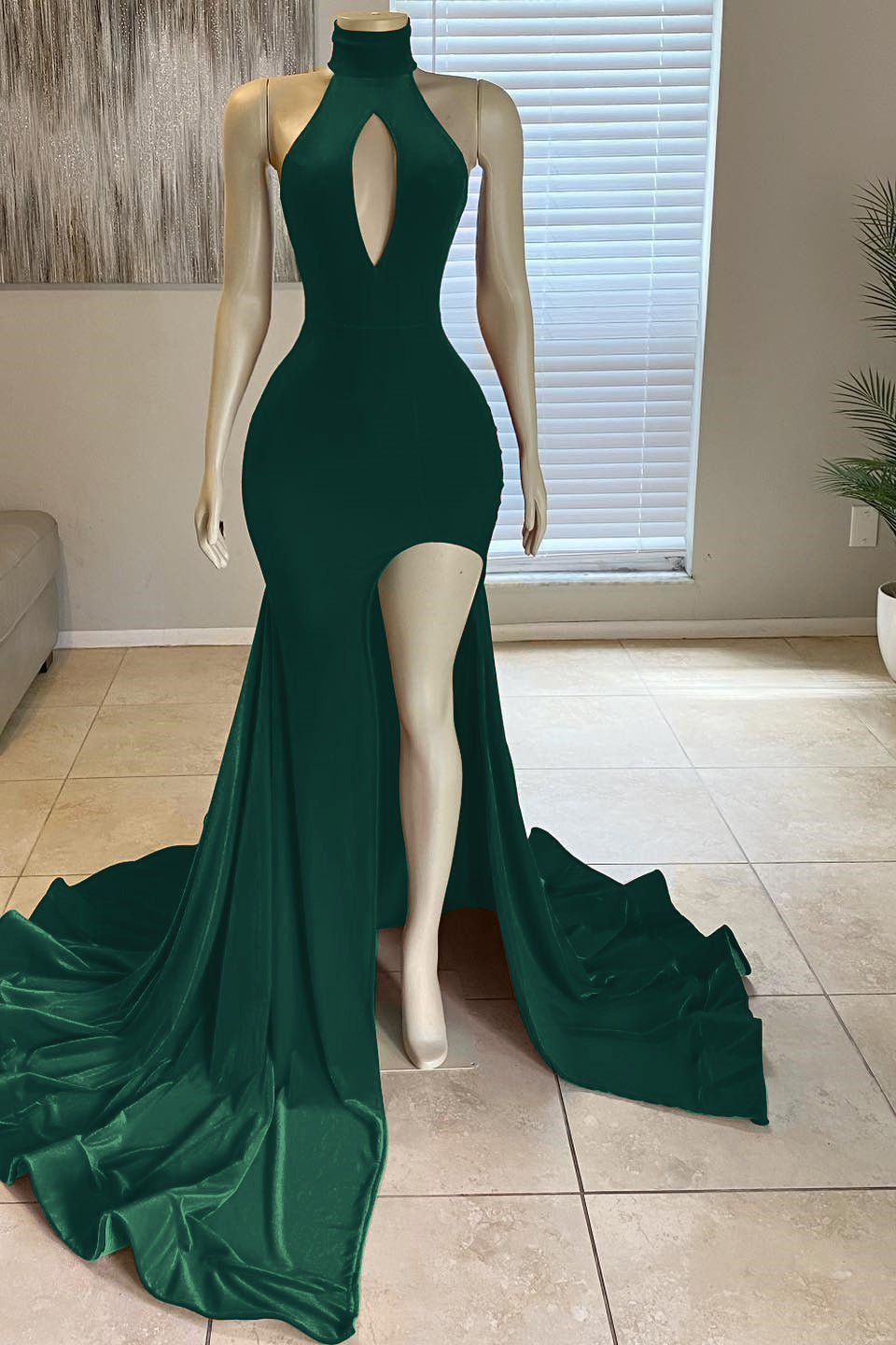 Dark Green High Neck Front Split Mermaid Long Evening Dresses with Slit