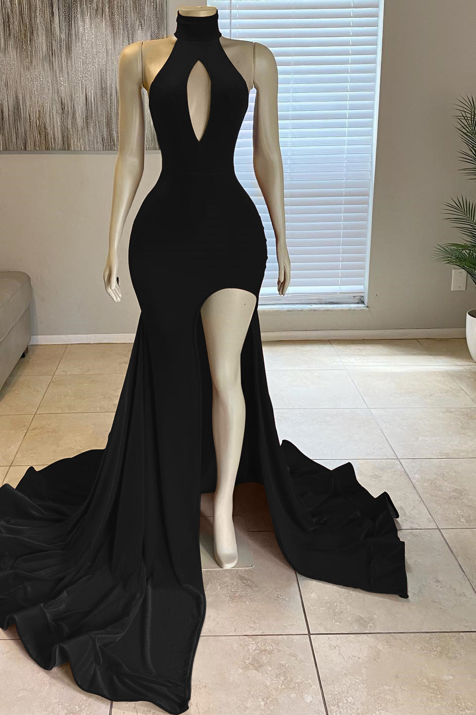 Dark Green High Neck Front Split Mermaid Long Evening Dresses with Slit