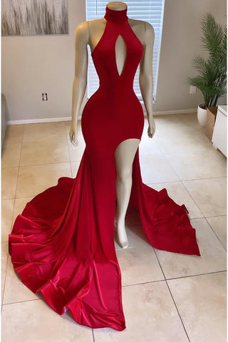Dark Green High Neck Front Split Mermaid Long Evening Dresses with Slit