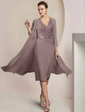 Two Piece Sheath / Column Mother of the Bride Dress Formal Wedding Guest Elegant V Neck Knee Length Chiffon Lace Sleeveless Jacket Dresses with Appliques Crystal Brooch